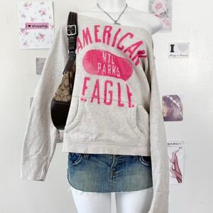 American Eagle Y2K Grey & Pink Graphic Raw Hem Sweater